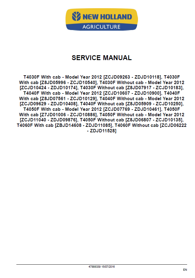 Official New Holland T4000F Series Specialist Tractor Workshop Manual - 47888339