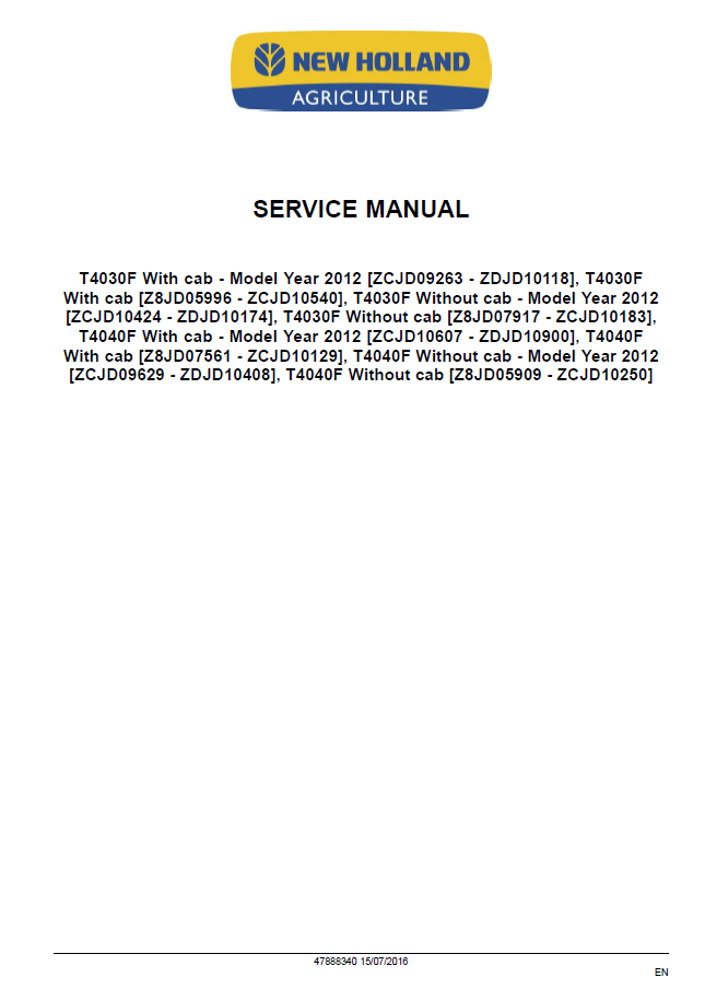 Official New Holland T4000F Series Specialist Tractor Workshop Manual - 47888340
