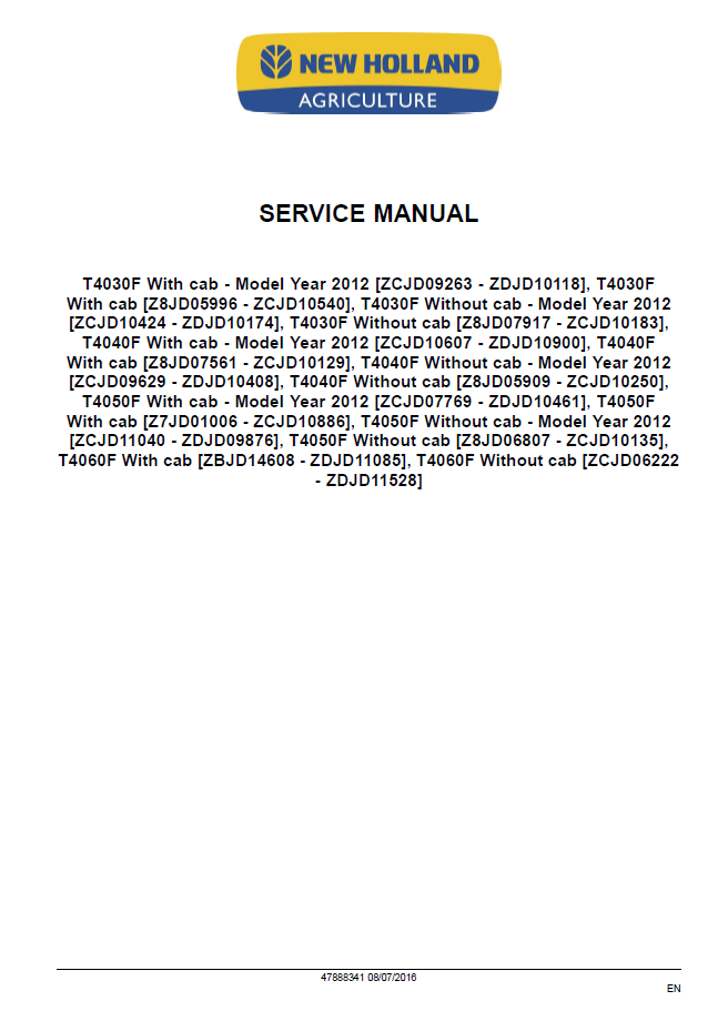 Official New Holland T4000F Series Tier 3 Tractor Workshop Manual - 47888341