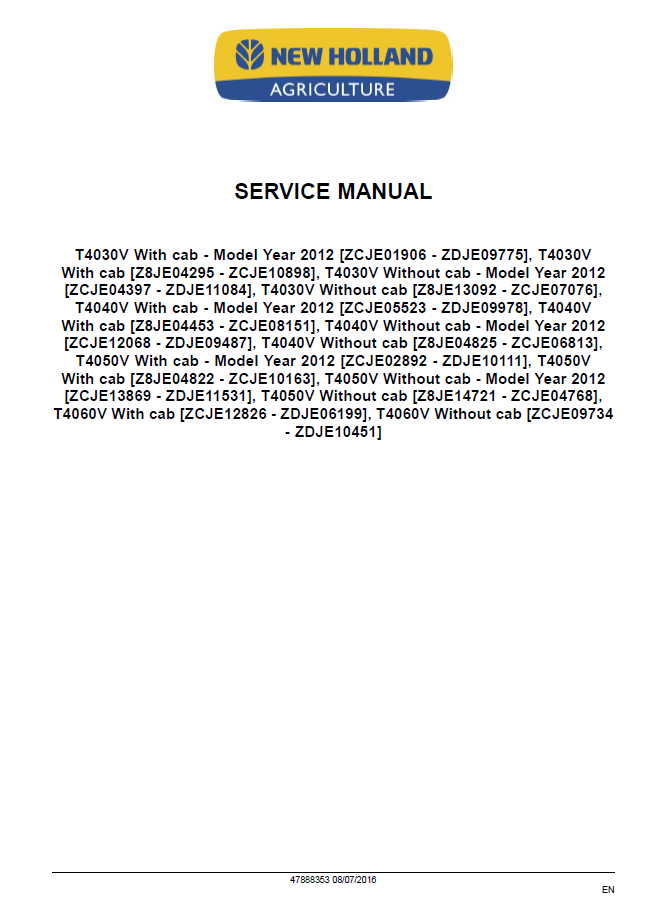 Official New Holland T4000V Series Tier 3 Vineyard Tractor Workshop Manual - 47888353