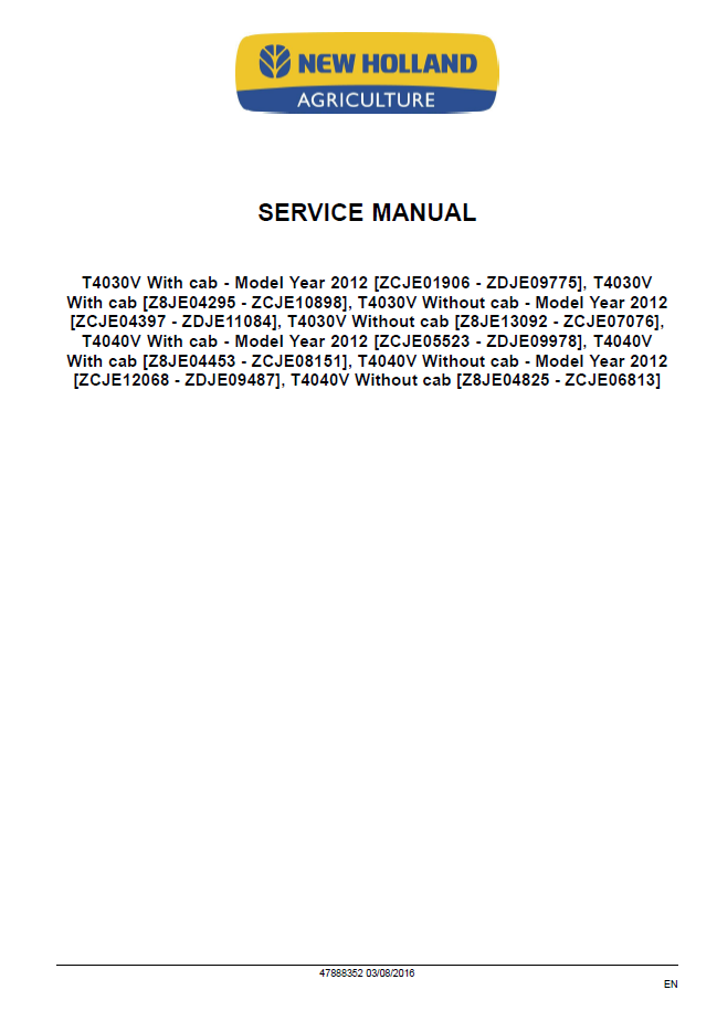 Official New Holland T4000V Series Vineyard Tractor Workshop Manual - 47888352