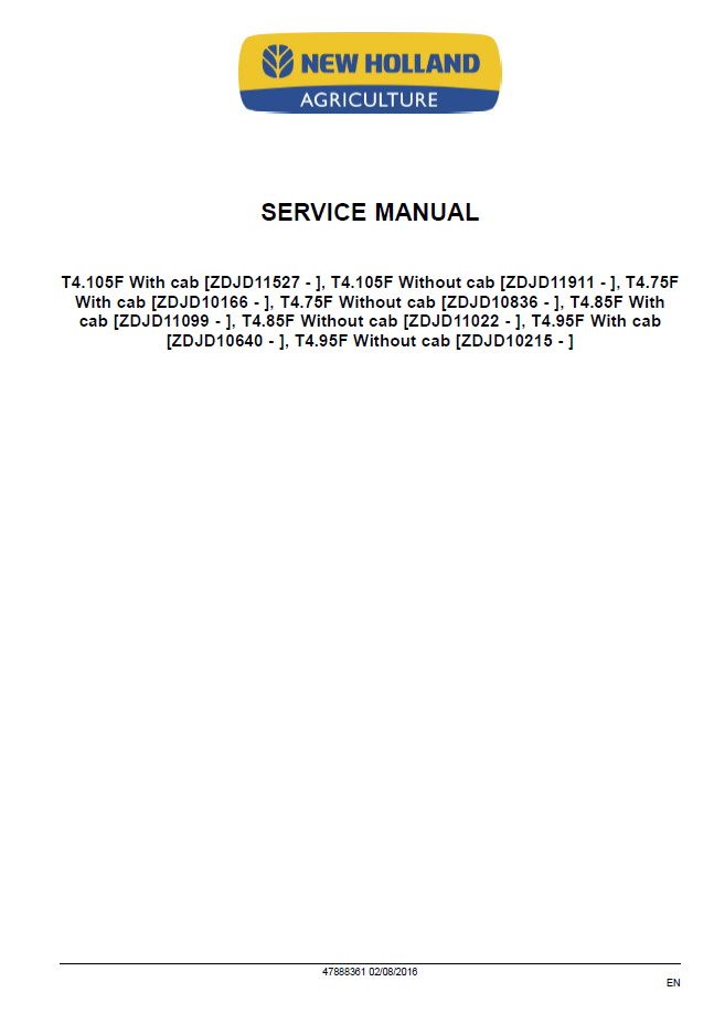 Official New Holland T4F Series Specialist Tractor Workshop Manual - 47888361