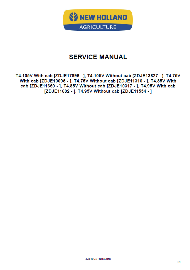 Official New Holland T4V Series Tier 3 Vineyard Tractor Workshop Manual - 47888375