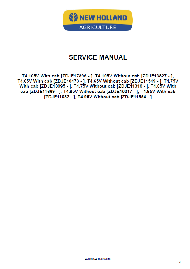 Official New Holland T4V Series Vineyard Tractor Workshop Manual - 47888374