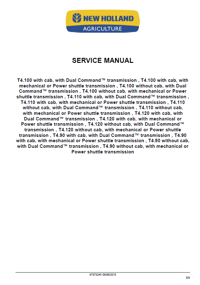 Official New Holland T4 Series Tier 4B Tractor Workshop Manual - 47878245