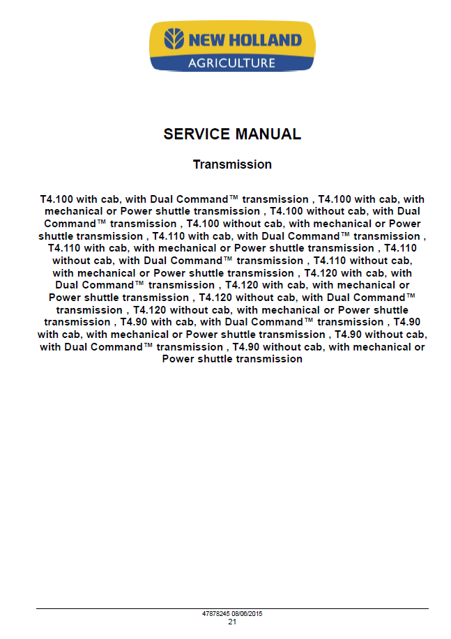 Official New Holland T4 Series Tier 4 Final Tractor Workshop & Service Manual - 47899693