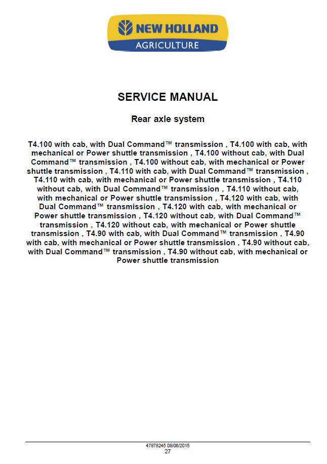 Official New Holland T4 Series Tier 4 Final Tractor Workshop & Service Manual - 47899694