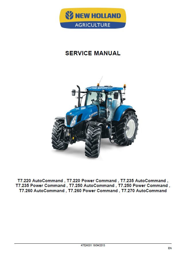 Official New Holland T7.220-T7.270 Tractor Repair & Service Manual 47524331
