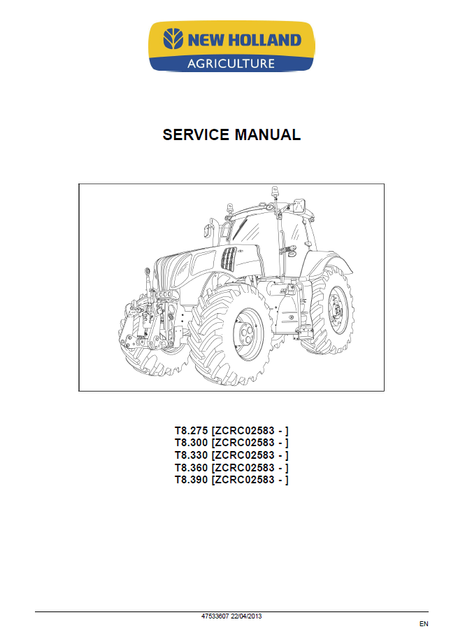 Official New Holland T8.275-T8.390 PST Tractor Repair & Service Manual 47533607