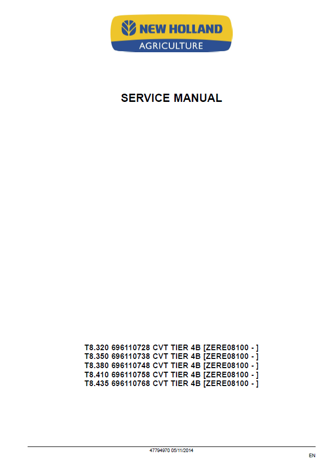 Official New Holland T8.320, T8.350, T8.380 Workshop Manual (47794970)