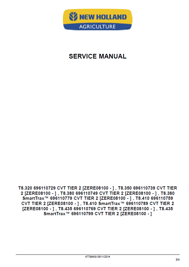 Official New Holland T8 SmartTrax CVT Workshop Manual (47799439)