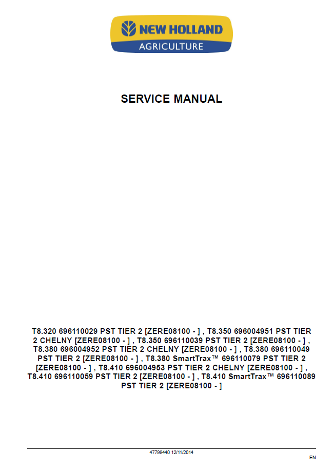 Official New Holland T8 SmartTrax Powershift Workshop Manual (47799440)