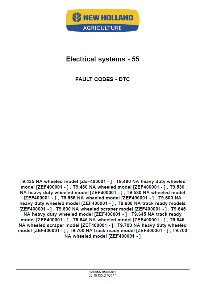 Official New Holland T9 Tier 4B Series Service Manual | Part No. 47687987