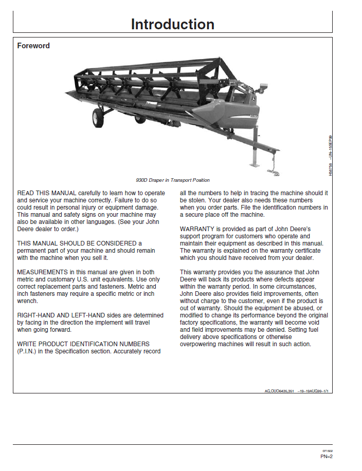 Official OMH205903 Manual: John Deere 925D 930D 936D Draper Guide