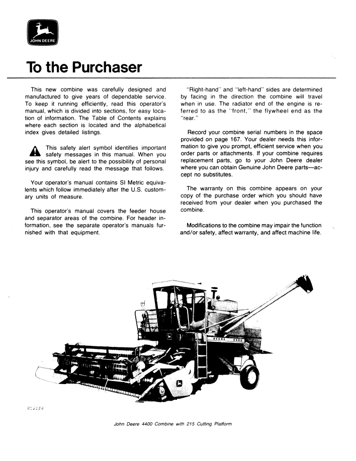Official OMH98956 Manual: John Deere 4400 Combine User Guide