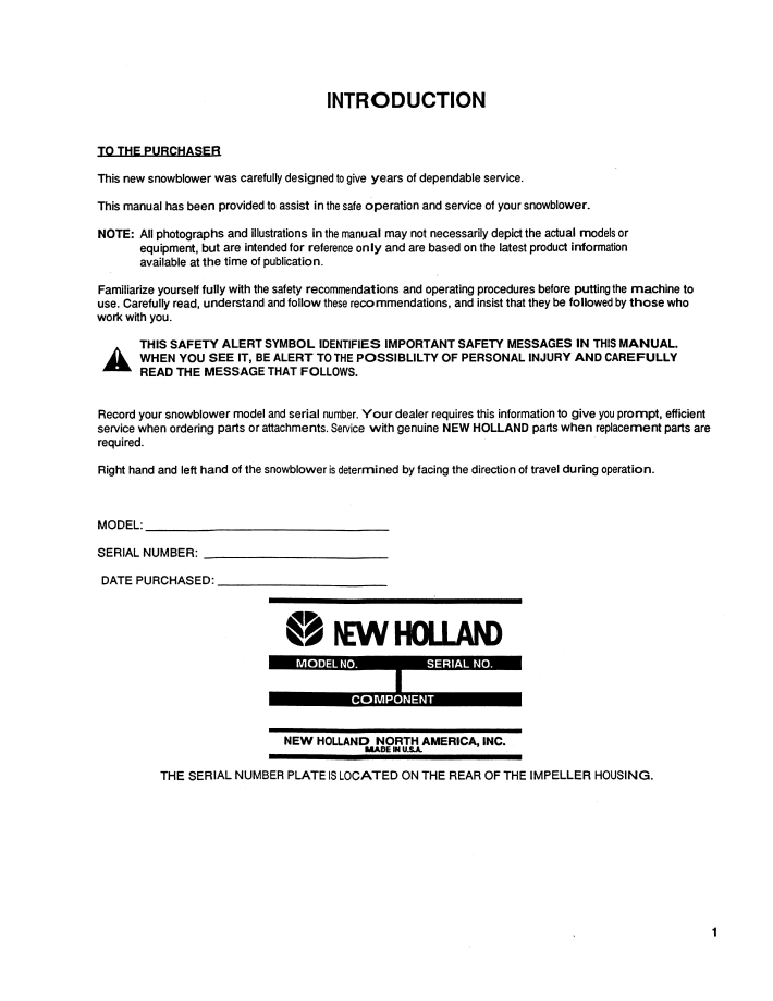 Official Operator Manual 42871660 for New Holland Series 7168 EM Snowblower Attachments