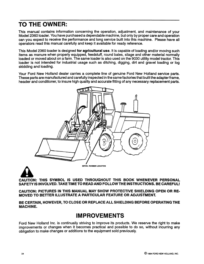 Official Operator Manual 43236014 for New Holland Versatile 2360 Loaders