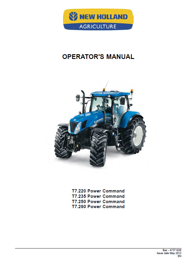 Official Operator Manual 47371836 for New Holland T7 Power Command Tractors