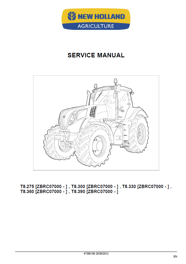 Official Operator Manual 47386189 for New Holland T8 Series Tractors