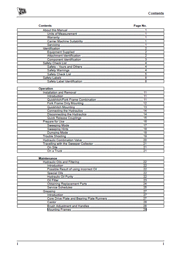 Official Operator Manual: JCB SC Series Sweeper Collector