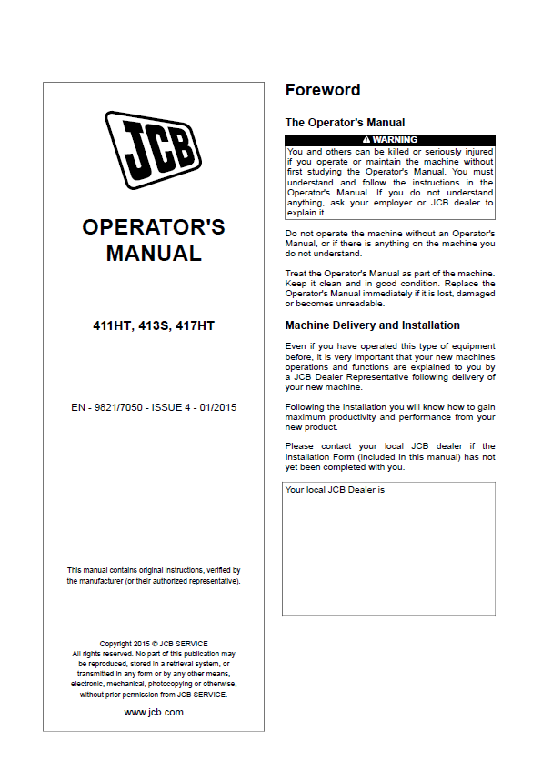 Official Operator Manual PDF for JCB 411HT, 413S & 417HT