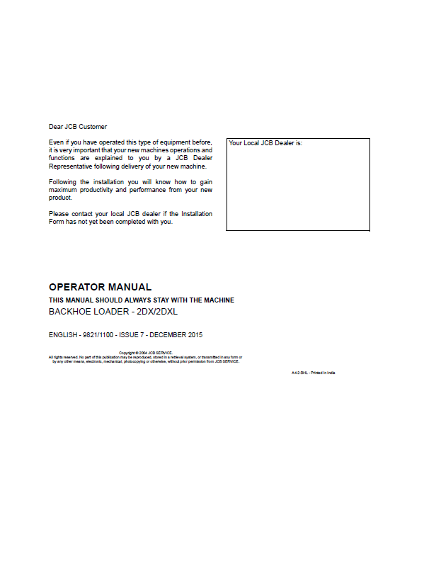 Official Operator Manual for JCB Backhoe Loader 2DX & 2DXL