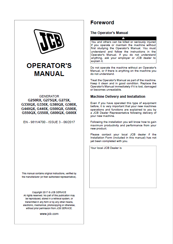 Official Operator Manual for JCB G250RX - G600X Generators