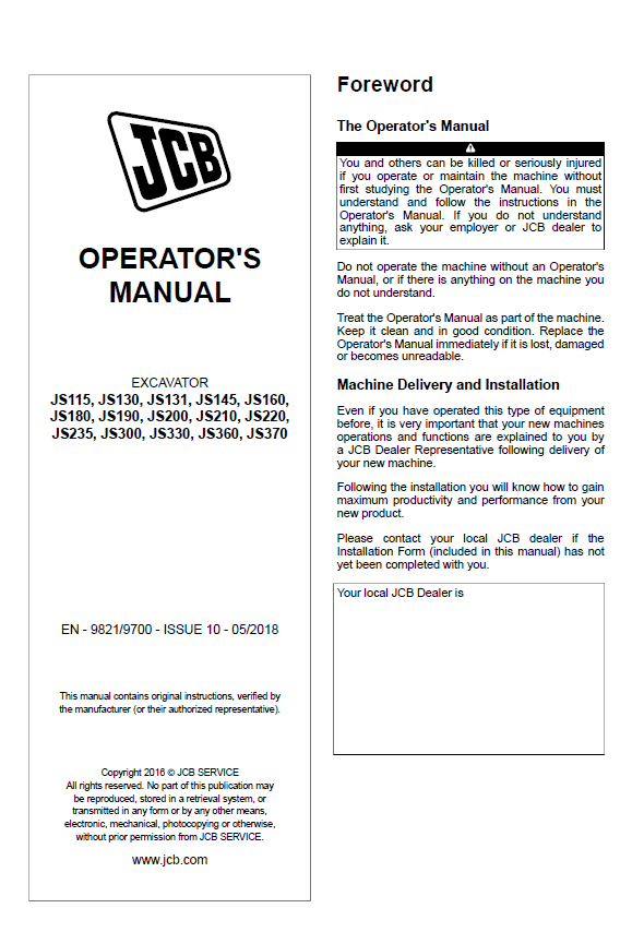 Official Operator Manuals for JCB JS Excavators (JS115-JS370)