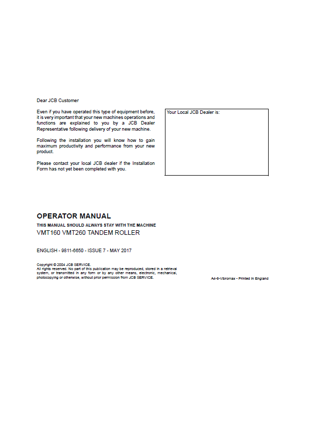 Official Operator's Guide: JCB VMT160 & VMT260 Rollers