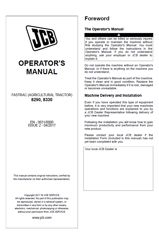 Official Operator's Handbook for JCB Fastrac 8290 & 8330 Tractors