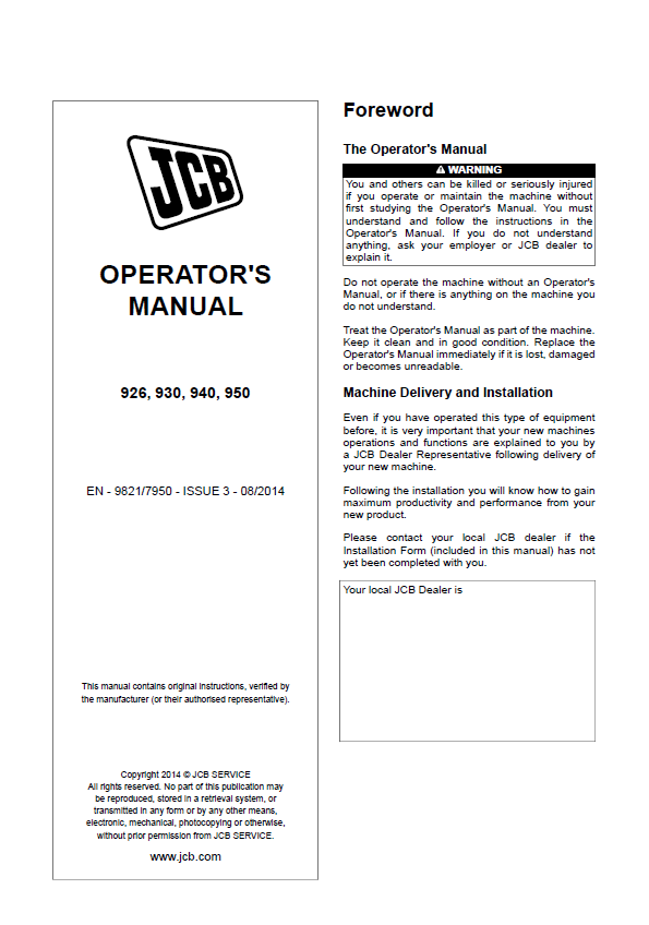 Official Operator's Manual for JCB 926, 930, 940, 950 Forklifts