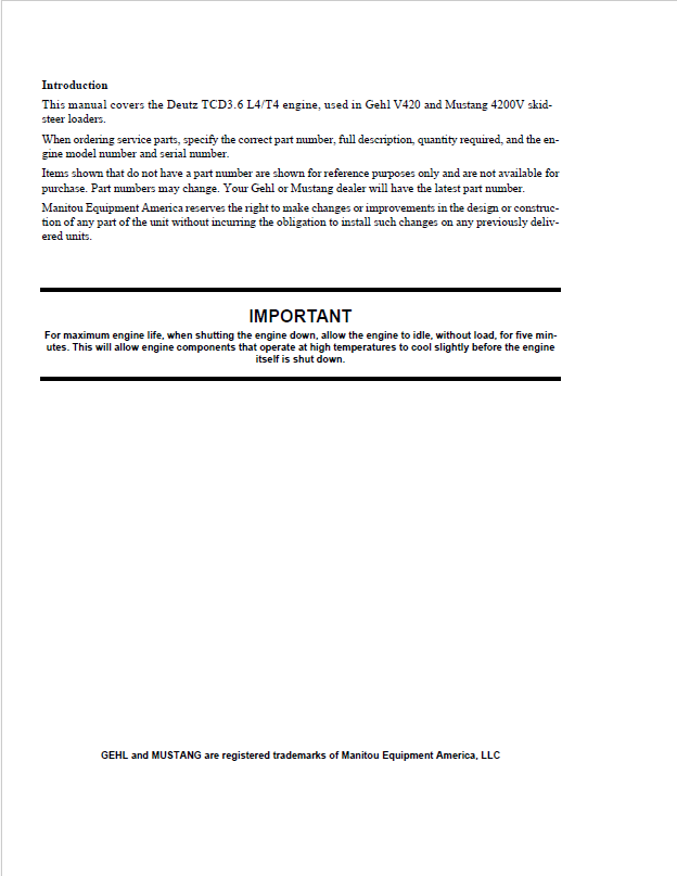 Official Parts Manual for Gehl V420 & 4200V Skid Steer (Deutz TCD3.6 Engine)