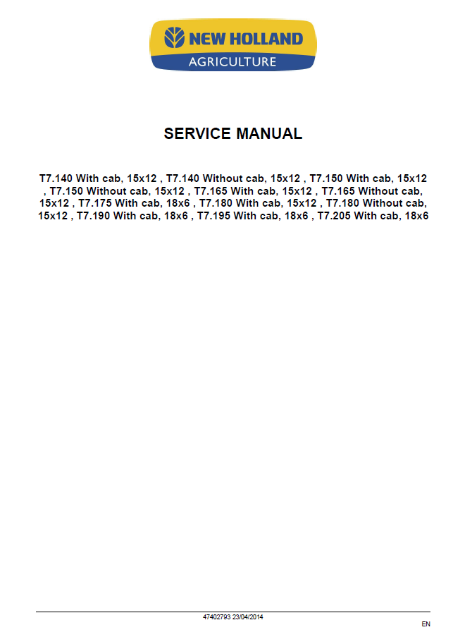 Official Service Manual 47402793 for New Holland T7 Series Tractors