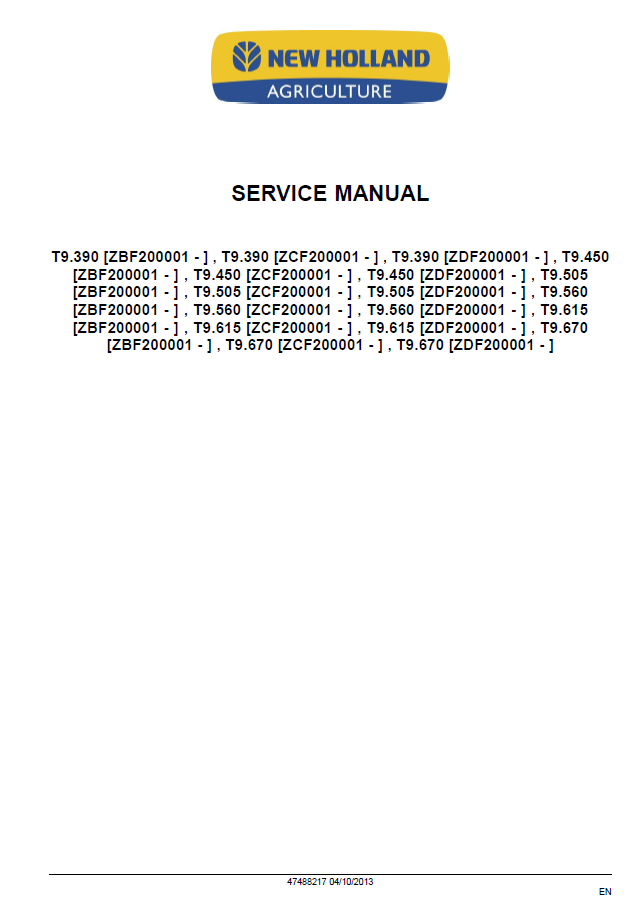 Official Service Manual 47488217 for New Holland T9 Tier 4 Tractors