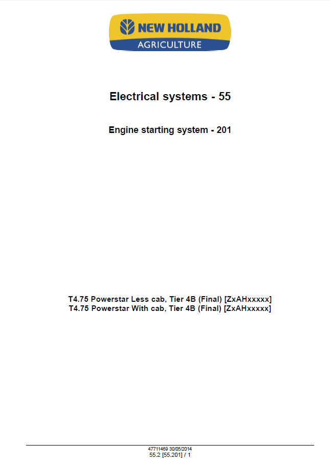 Official Service Manual for New Holland T4.75 PowerStar Tractor (47712635)