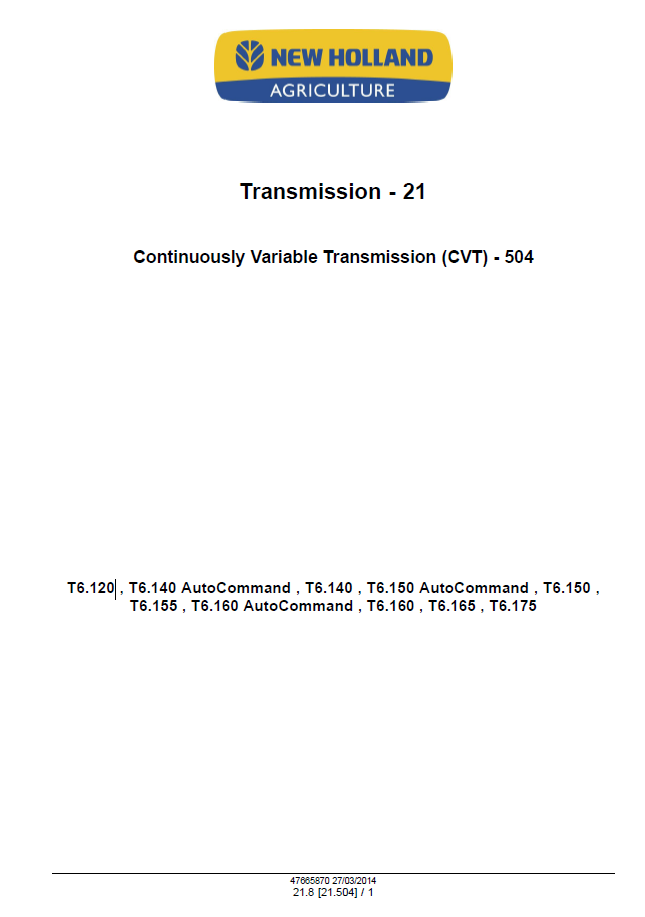 Official Service Manual for New Holland T6.120–T6.175 & AutoCommand (47720739)