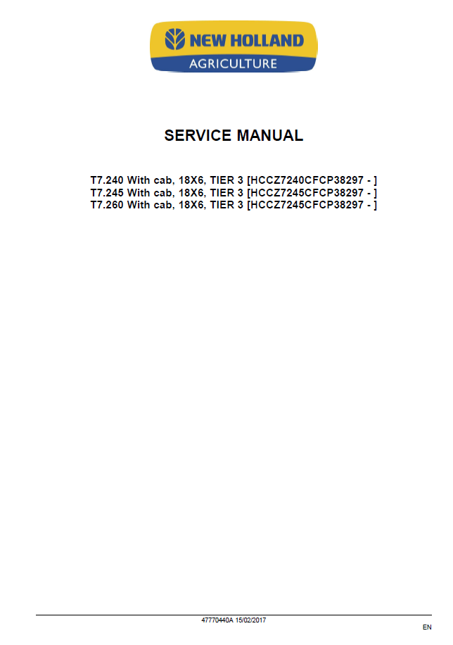 Official Service Manual for New Holland T7.240–T7.260 (47770440A)