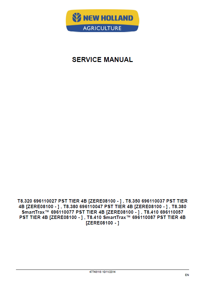 Official Service Manual for New Holland T8.320–T8.410 & SmartTrax PST (47748118)
