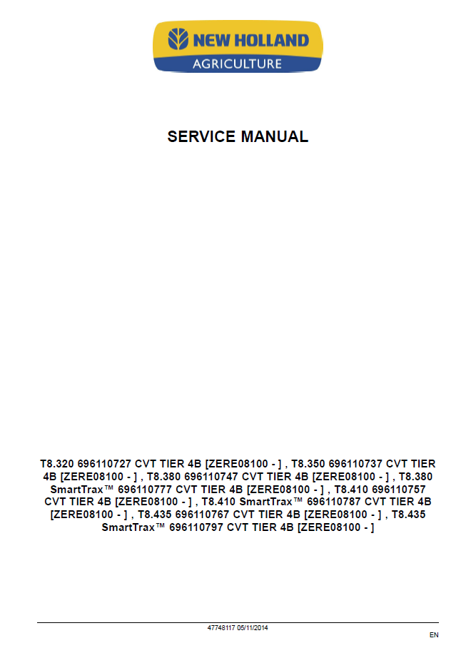 Official Service Manual for New Holland T8.320–T8.435 & SmartTrax (47748117)