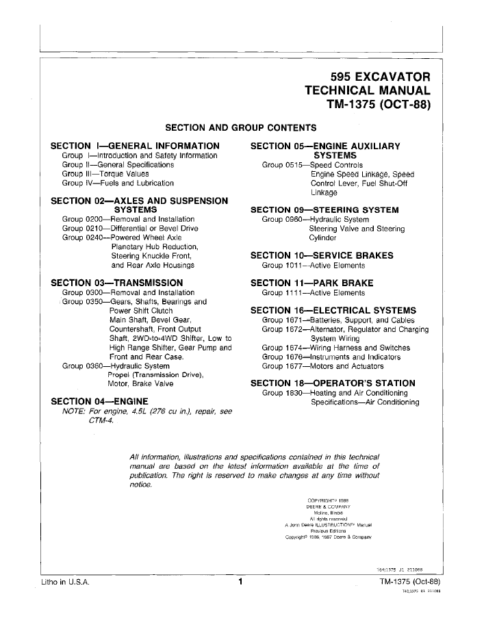 Official TM1375 Technical Manual for John Deere 595 Excavator