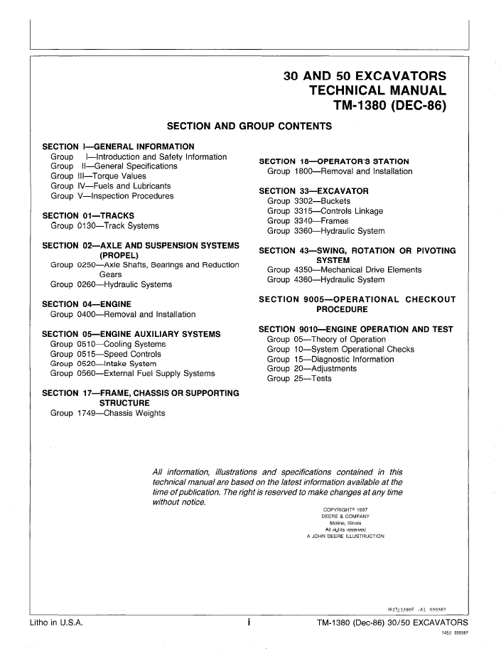 Official TM1380 Technical Manual for John Deere 30 and 50 Excavators