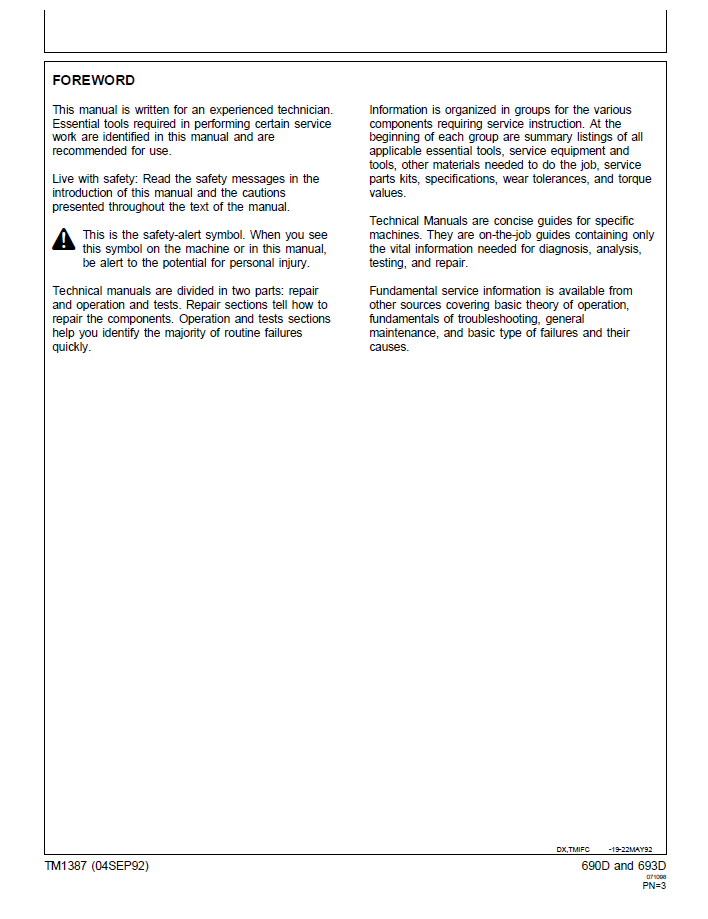 Official TM1387 Technical Manual for John Deere 690D and 693D Machines