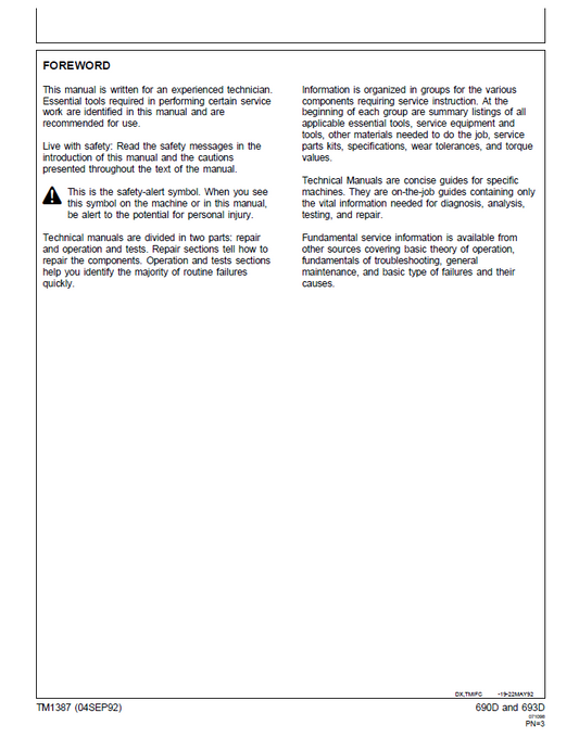 Official TM1387 Technical Manual for John Deere 690D and 693D Machines