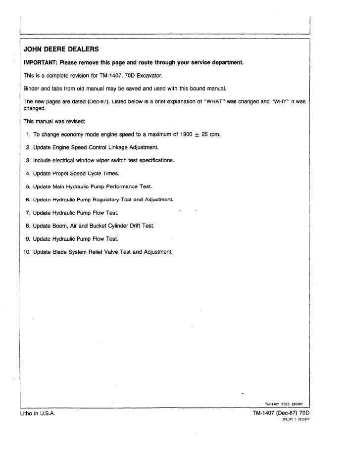 Official TM1407 Technical Manual for John Deere 70D Excavator