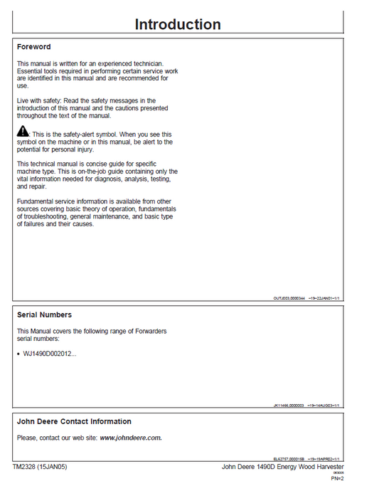 Official TM2328 Technical Manual for John Deere 1490D Harvester