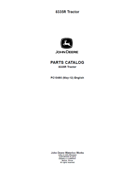 PC10490 John Deere 8335R Tractor Complete Parts Catalogue Manual