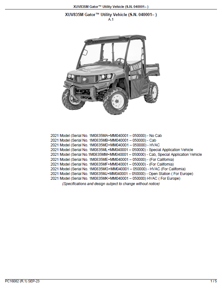 PC16082 John Deere XUV835M Gator Parts Manual PDF Download