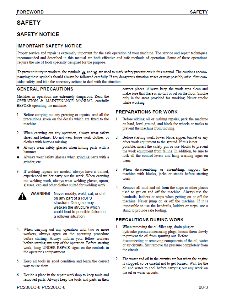 PC200LC-8 PC220LC-8 Excavator Shop Manual CEBM000903