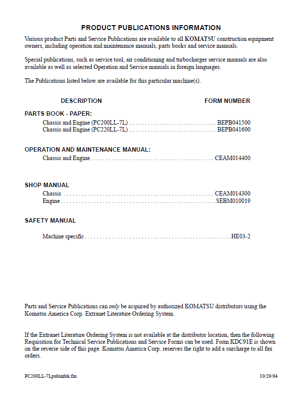 PC200LL-7L PC220LL-7L Excavator Shop Manual CEBD014300