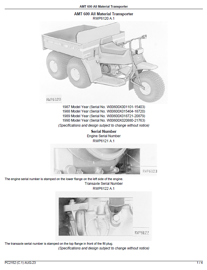 PC2152 John Deere AMT 600 Transporter Parts Manual PDF Download